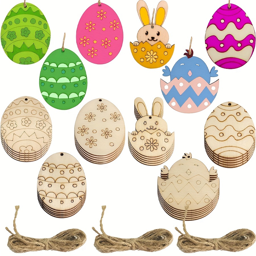 

30pcs Easter Bunny And Egg Wooden Chip Hanging Decoration, Easter Theme Blank Wooden Chip Decoration, Easter Wooden Colorful Egg Painting Set, Diy Crafts, With Twine, Winter, New Year