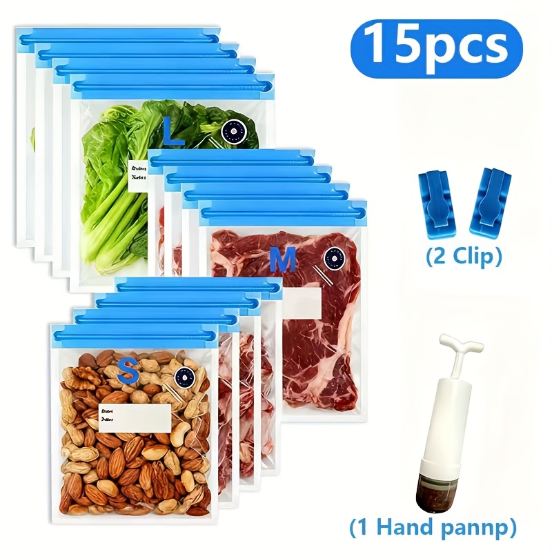 Image of 2025 New Mini Manual Vacuum Food Sealing Bags 12-pack With Zippered Food Storage Bags ( M X 4 L X 4) - 4pcs Per Size, Total 12pcs, Plus 2pcs Clips - 1pc Manual Pump
