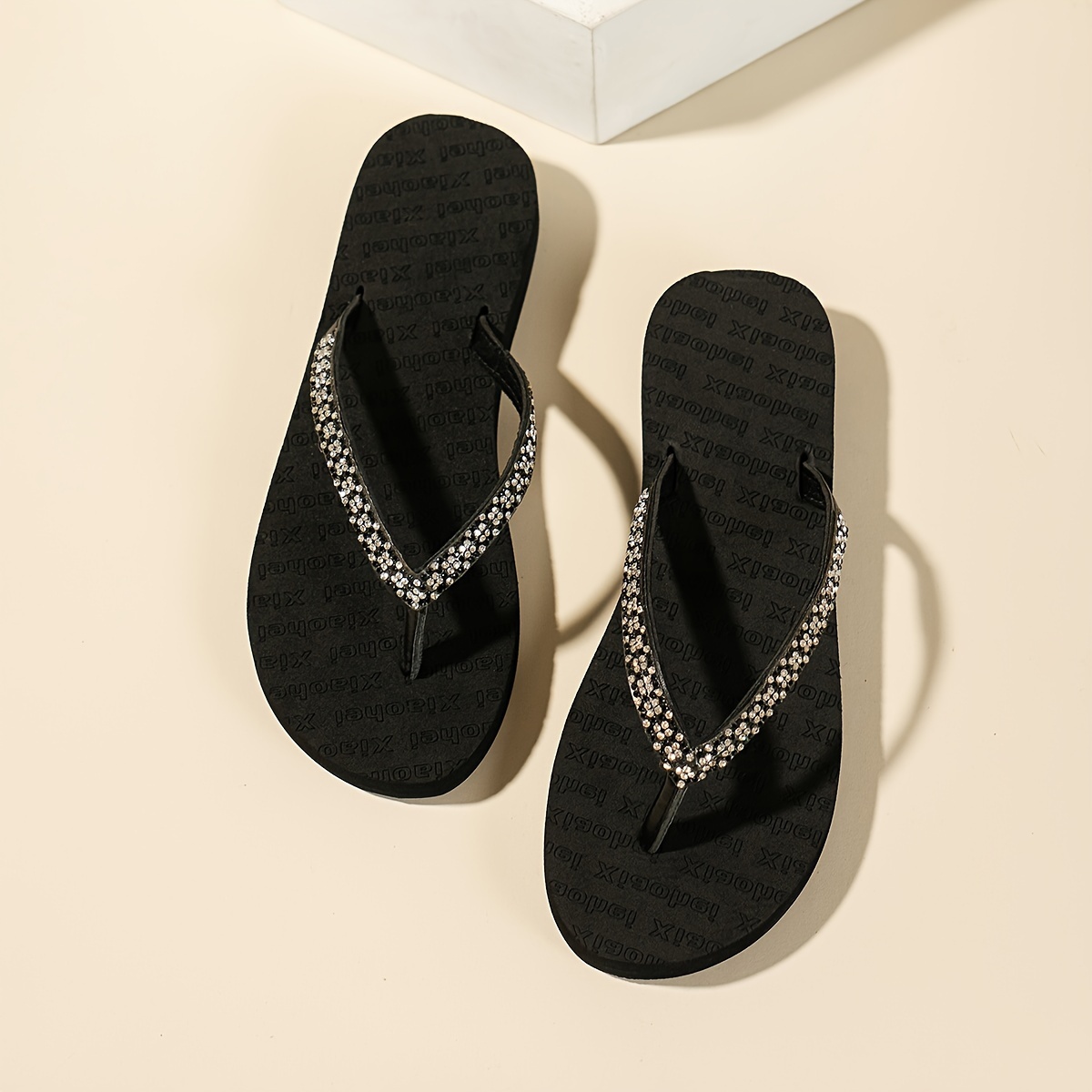 Image of Women's Fashion Rhinestone Embellished -flops, Black Beach Slippers, Women Shoes