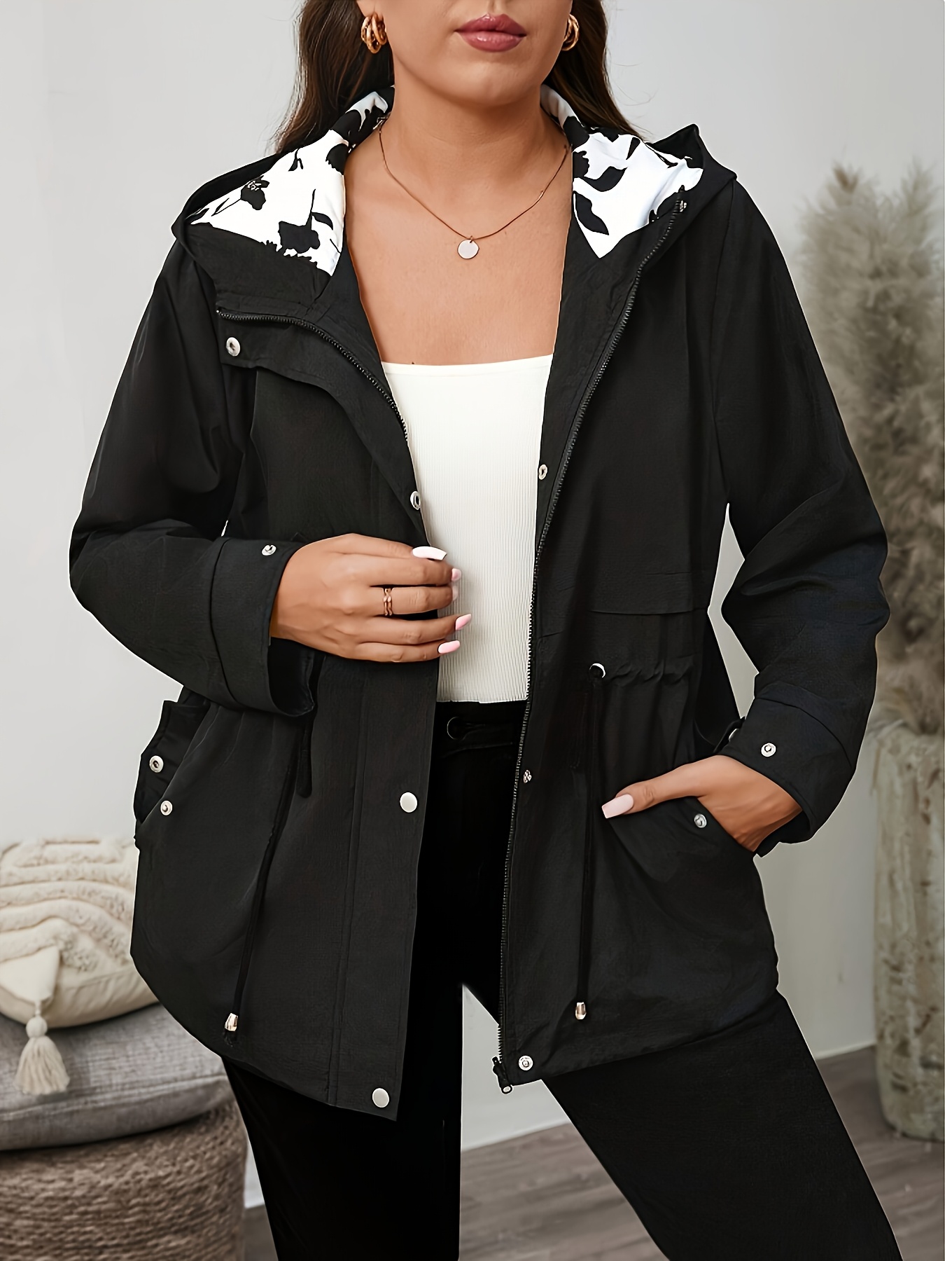 Plus Size, Women's Plus Size Hooded Coat Elegant Black Jacket with Hood  Outerwear for Everyday Formal Events, Hand Washable Non-Stretch Fabric