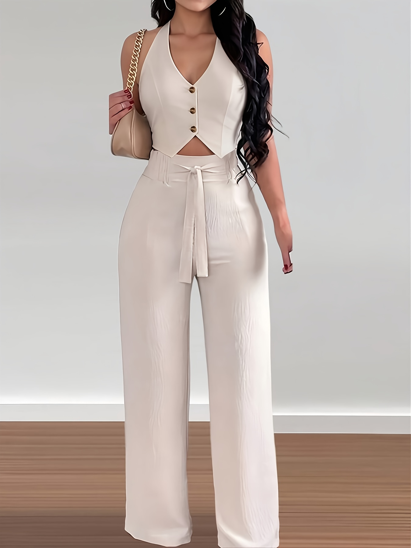 Nuevo conjunto de dos piezas para mujer: elegante top halter sin espalda y pantalones de pierna ancha, ideal para vacaciones y un estilo casual