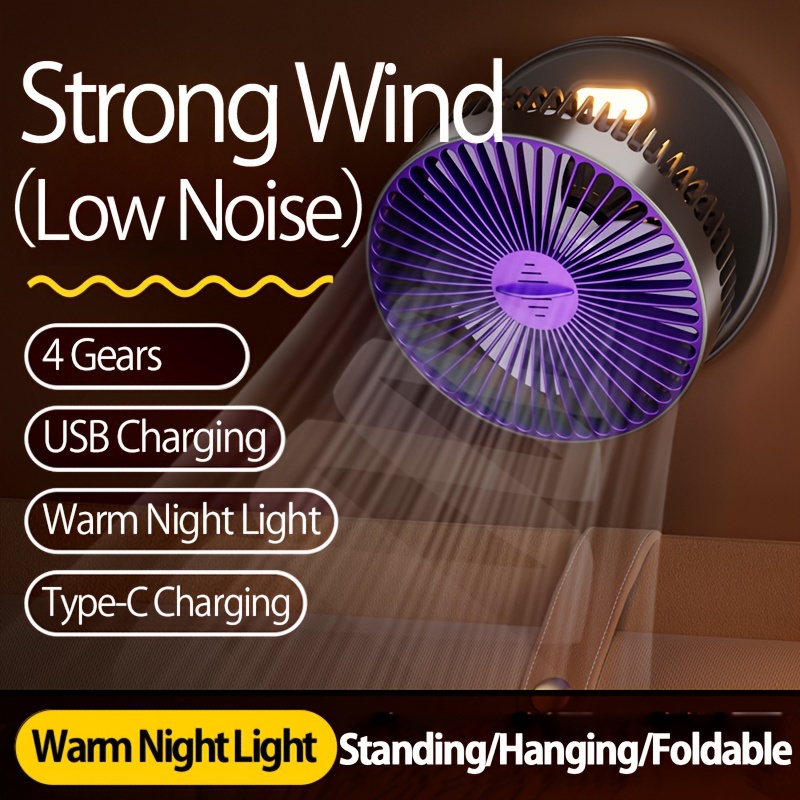 1pc 3 in 1 rechargeable circulation fan versatile compact foldable desktop wall mount fan with 4 adjustable   quiet brushless motor warm night light feature   traceless hook ideal for office home outdoor use portable fan details 2