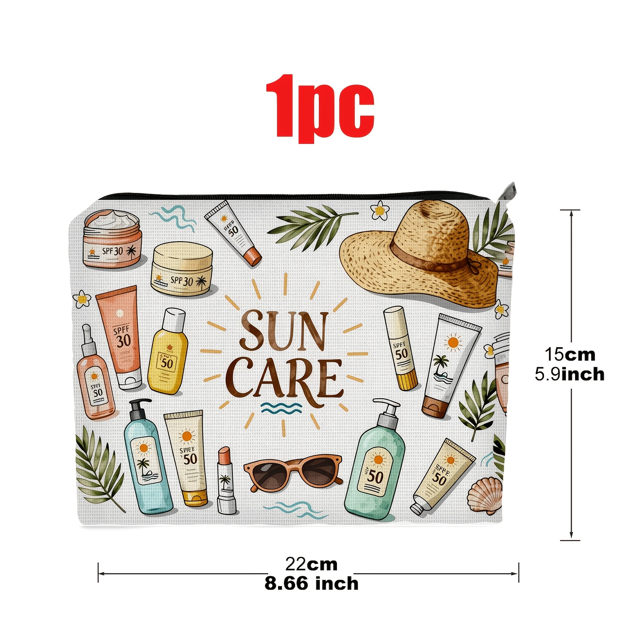 Image of Summer Sunscreen Skincare Element Print, Multifunctional Travel Toiletry Bag, Emergency Snack Pouch, Durable Zipper Organizer, Machine Washable , Suitable For Bathroom And Small Item Storage