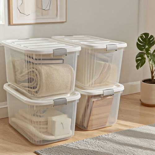 imagem do item Conjunto de 4 Caixas de Armazenamento Empilháveis com Tampa (46 QT) Perfeitas para Organizar Itens Domésticos. Caixas Transparentes Ideais para , Escritórios, Garagens, Armazéns e Comerciais. Ótimas para Armazenamento , Incluindo Halloween, de Graças e