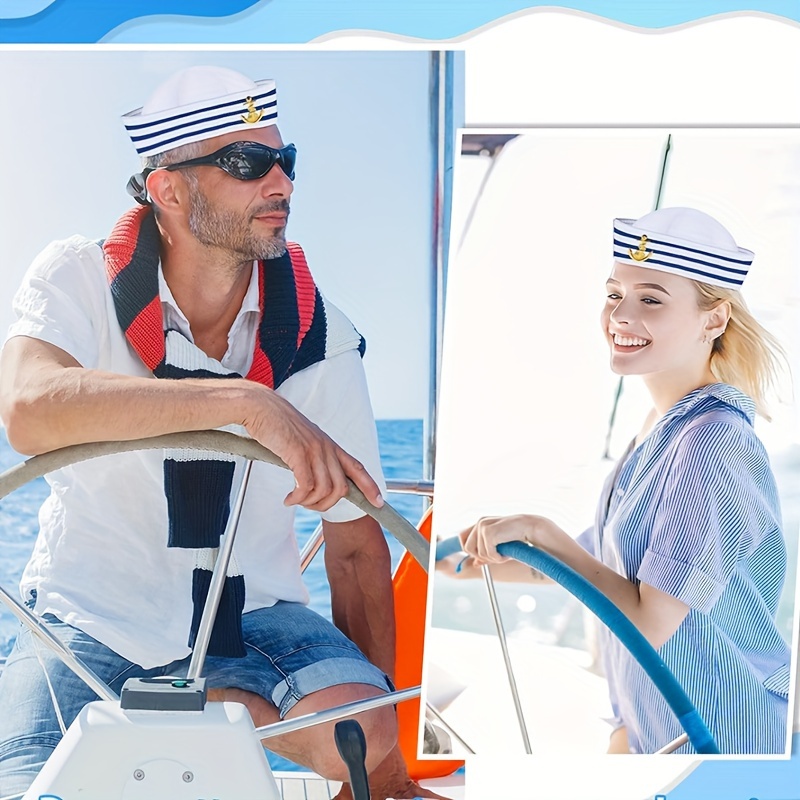 Lot De 12 Chapeaux De Marin Bleu Et Blanc – Accessoire Costume Capitaine, Ancre Dorée – Fête Nautique, Halloween, Croisière – Tour De Tête 56 Cm