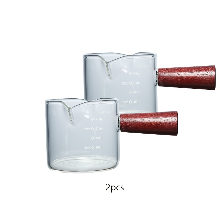 Image of 75ml/2.54oz Wooden Handle Glass Concentrated Coffee Cup, Double Nozzle Milk Cup With Wooden Handle, V-shaped Mouth Cup, Suitable For Coffee, Milk, Tea Or Maple Syrup