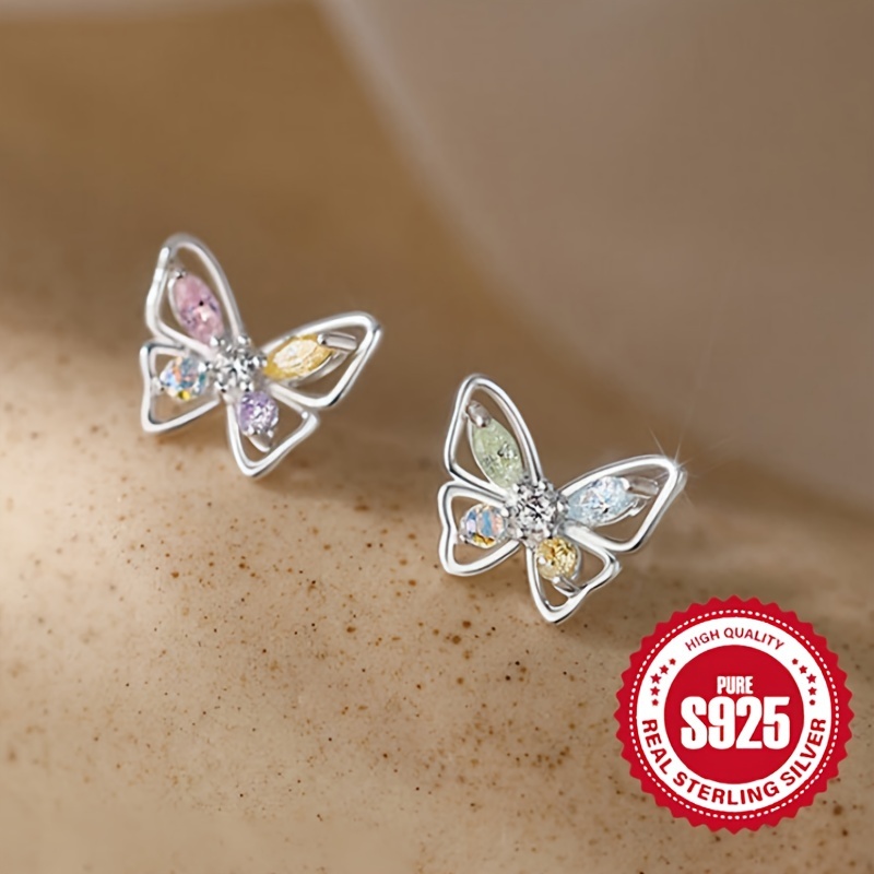 

S925 Sterling Silver Hollow Butterfly Stud Earrings, Iridescent Butterfly Sweet And Cute Style Stud Earrings, Exquisite Valentine's Day Jewelry Accessories 1.7g/0.06oz