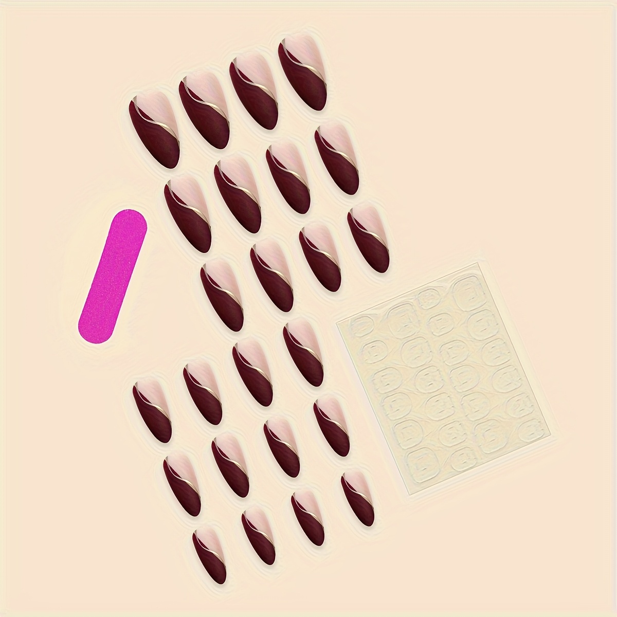 Add : 24pcs Medium-length Teardrop Wine Red Striped Matte Full-cover Press-on Nail Set With Jelly Glue And Nail Buffer, Suitable For Women/ For Parties, Balls, And Daily Wear