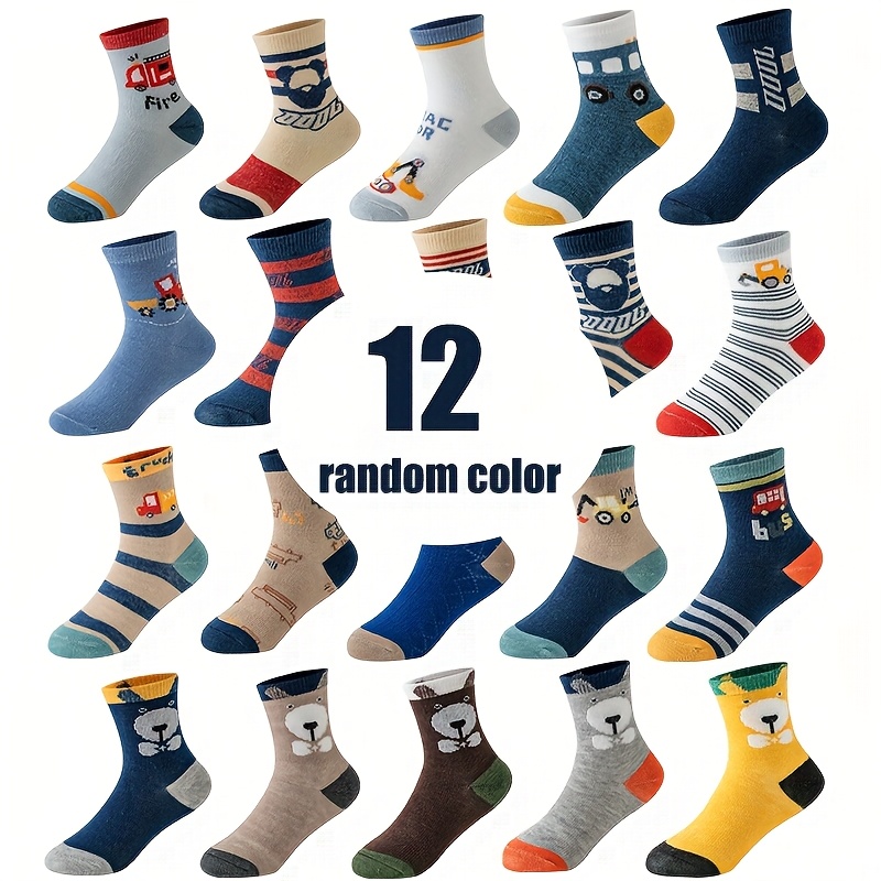 Image of 12 Pairs Children Children Children Cartoon Car Engineering Truck Bear Animal Mid-calf Socks Multi-style Multicolor Random Style Random Color, Fall And Winter Clothes