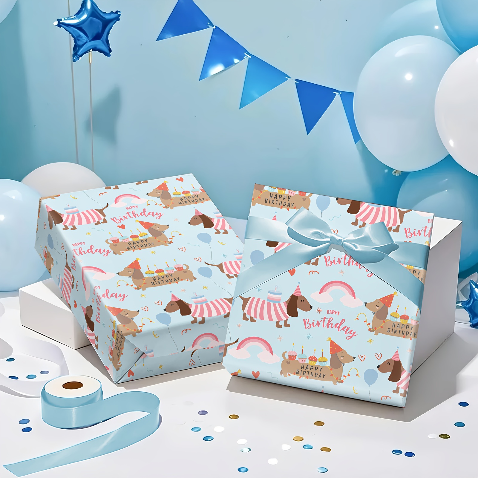 Image of 1 Roll Birthday Dachshund Wrapping Paper | Light With Hatted Dogs, Cakes And "happy Birthday" Text For Birthday Gifting, Party Decor, Pet Celebrations, Kids' Birthdays - 43 Cm X 500 Cm (17 16.4 Ft)