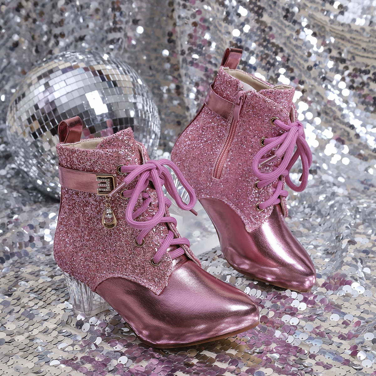 girls glitter sequin top high heel boots zipper closure Temu