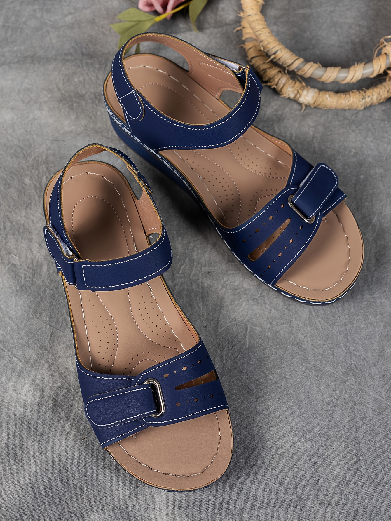   womens beige wedge sandals comfortable open toe platform shoes with adjustable ankle strap perforated design for   casual summer fashion strappy sandals Product details 31