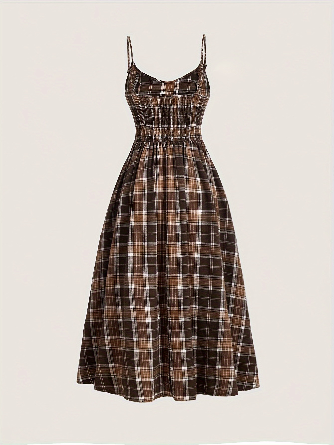 Karirana Vintage Midi Haljina s Naramenicama