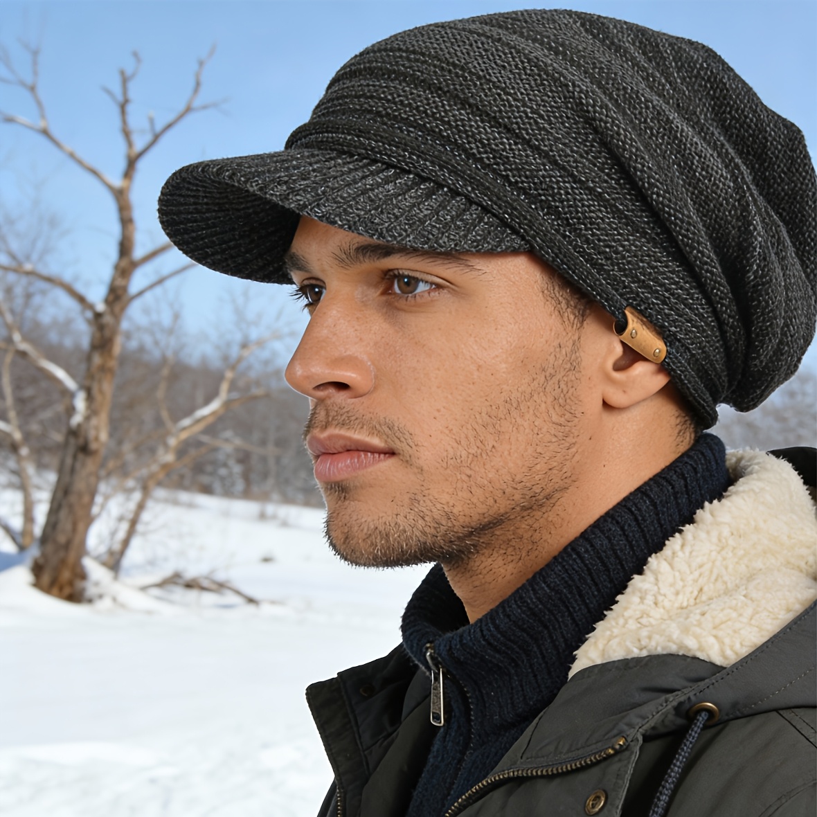 mens knit slouchy beanie visor bill cadet newsboy cap - Temu display picture 1