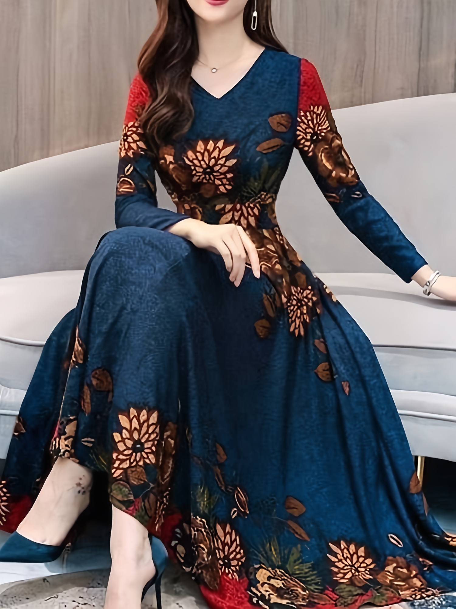 1pc vestido maxi manga larga poliéster estampado floral - Temu Peru
