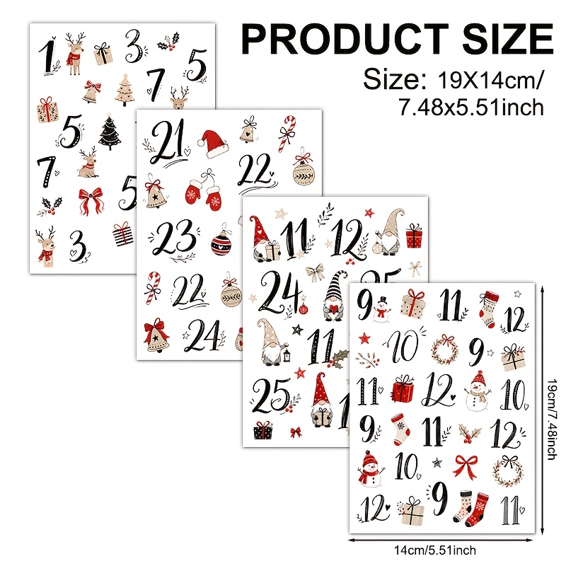 TEMU 4pcs, Christmas Advent Calendar Number Pattern, Uv Dtf Waterproof And Scratch-resistant Vinyl Material, Suitable For Diy Crafts, Cups, Bottles,