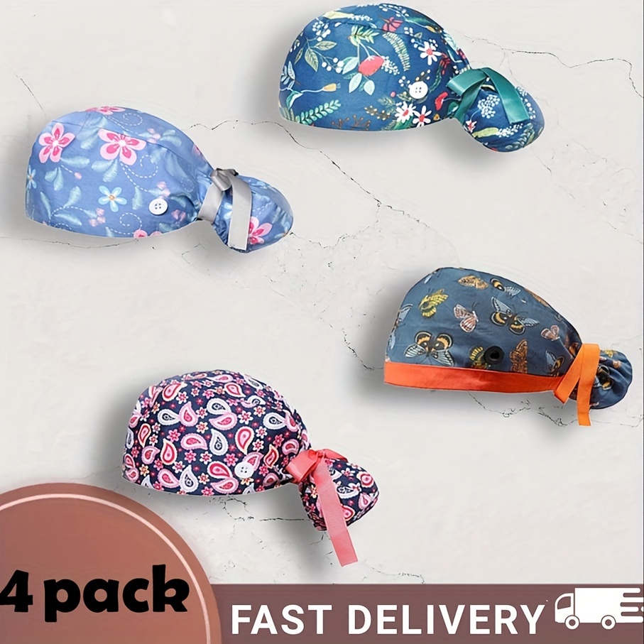 

4 Pcs Printed For Women, Cap , Hat ,