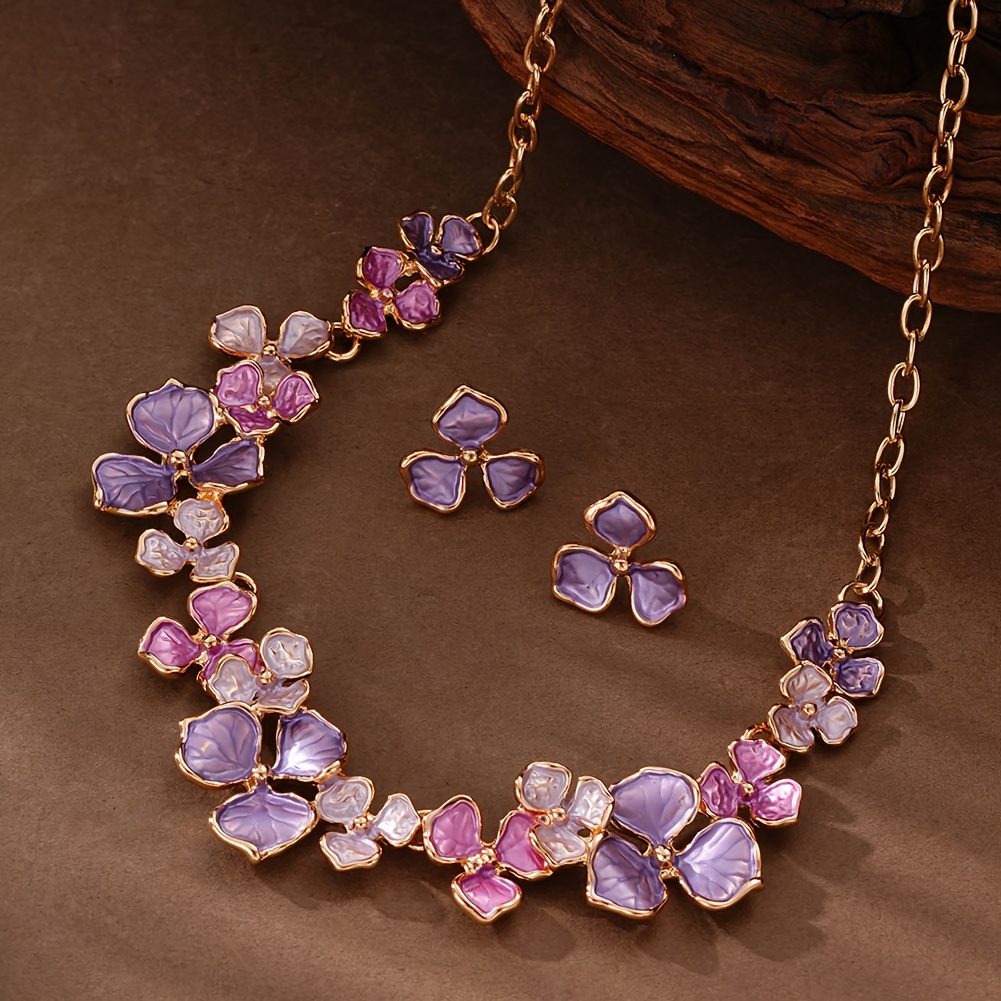 E-shop 2 Paar Ohrringe und 1 Halskette, 1 Stück Zinklegierung Rosa-Lila Emaille Damen Schmuckset mit Großer Blume, Vintage Luxus, Bohemian Frühling