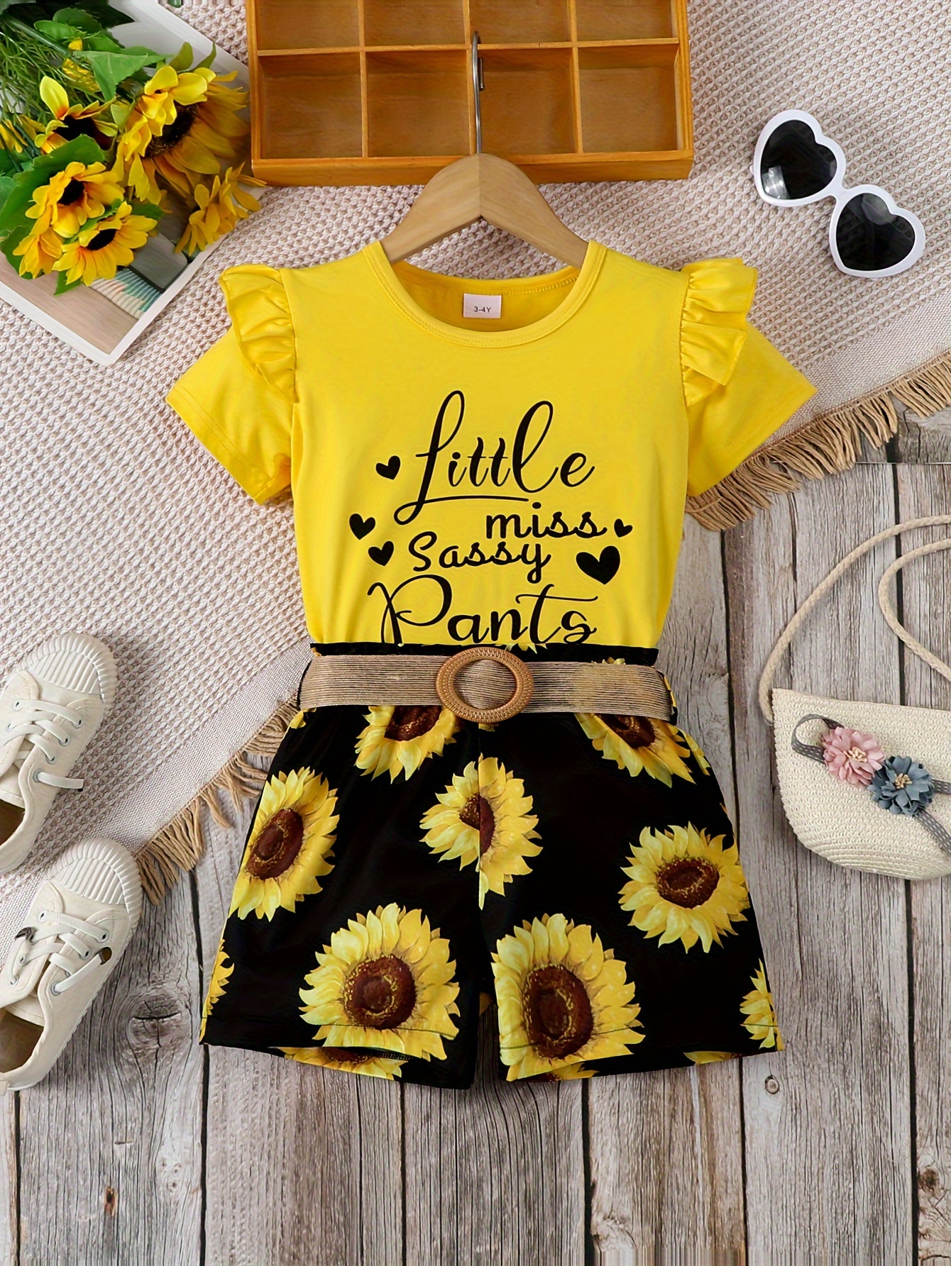 girl's outfit sunflower print ruffle short sleeve Temu Bahrain