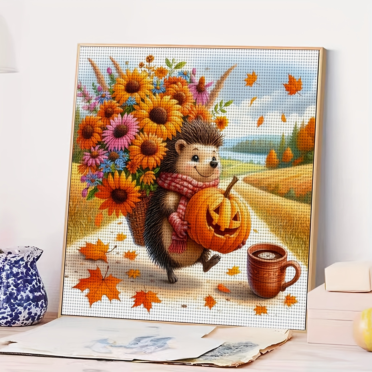 Printed DIY Cross Stitch Kit, Hedgehog Holding Flowers with Pumpkin
