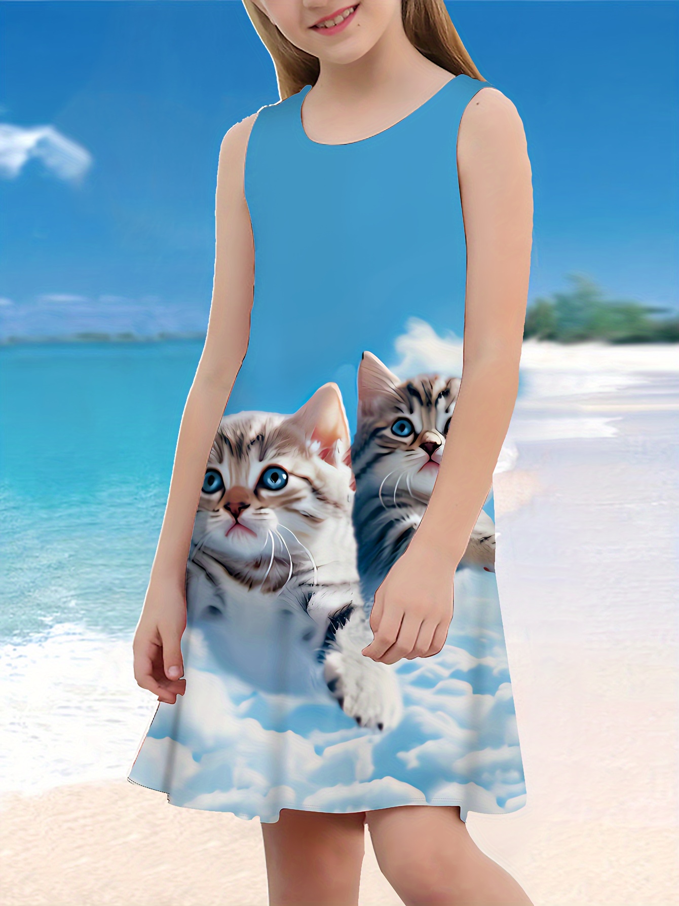 Womens Cute Blue Galaxy Kitty Cat Queen Print Tank Top Mini Dress - Blue -  C212C9JWFQN