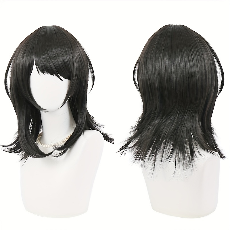 TEMU Perücke Cosplay Noir - Style Anime, Longueur Moyenne avec Volume et Capuchon en Filet de Rose pour Jeux de Rôle, Fêtes & Usage - Unisexe,