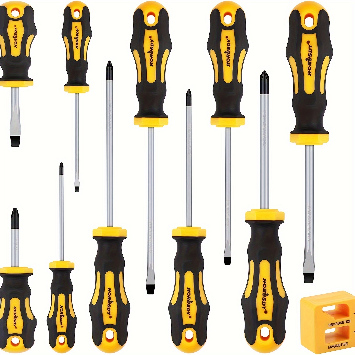 

11-piece Magnetic Screwdriver Set - Chrome Vanadium Steel, Phillips & Flat Head Tips For Secure Fastening And Easy Release, Bright Yellow