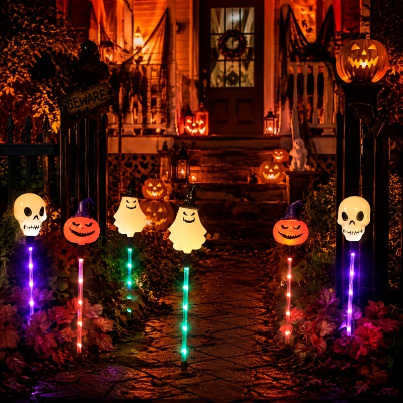 TEMU 6pcs Solar-powered Ground Lights Featuring Pumpkin Skeletons, Perfect For Halloween Yard Decorations, A Spooky Atmosphere In Gardens And Lawns,
