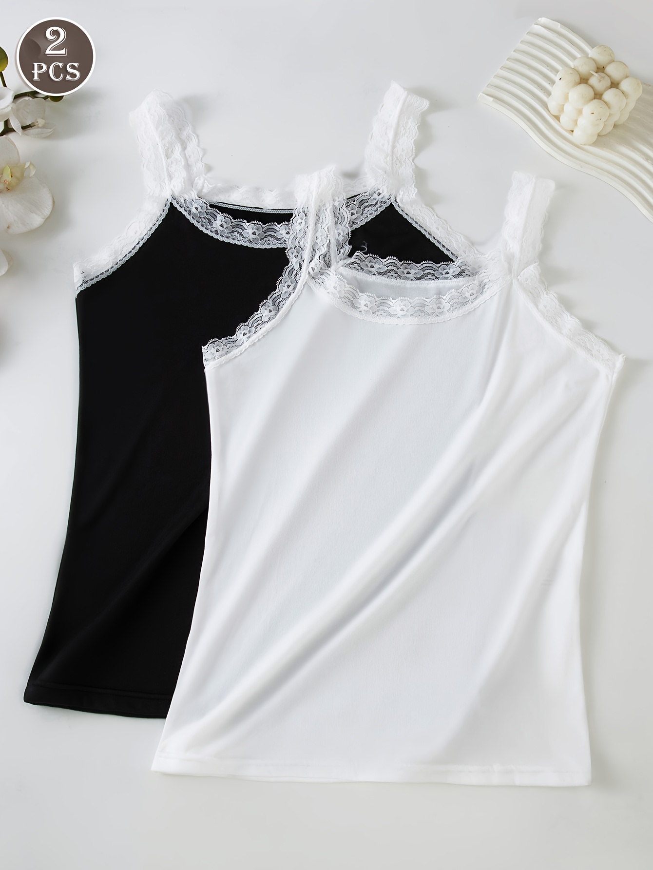 2pcs Women S Lace Trim Camisole   - Sexy Sleeveless Crop Tank   with   Edges, Black & White,   Layering or   Outfits, Versatile Fashion, Elegant Design, Smooth Texture, Nightwear Essentials, Petite Women S Clothing, Durable Stitching, Fashion- , Ladies S Fashion , and Fashionconscious Women, Ideal for Casual Attire   Street Fashion Wear