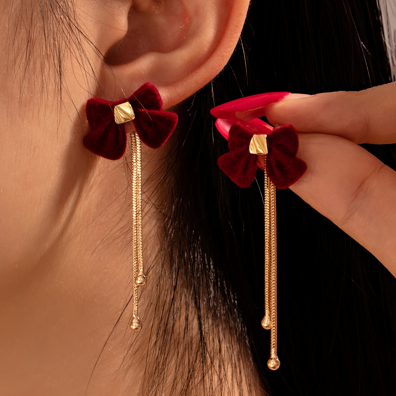 TEMU A Pair Of Autumn And Winter European And American Trendy Velvet Bow Metal Transfer Bead Tassel Women's Earrings Suitable For Women' Wear In