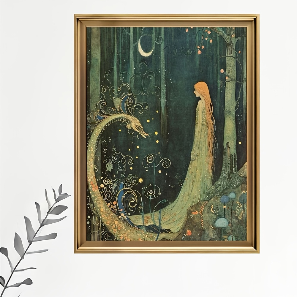 TEMU Fantasy Dragon & Forest Canvas Print Wall Art - Mystical Scene With Vibrant Colors, Unframed Poster For Living Room, Bedroom, Office Decor -