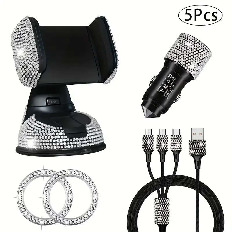 5pcs accessory set sparkling charging phone holder usb car charger ignition button trim ring suction mount materials handcrafted real photos high end gift for him her Product details 2