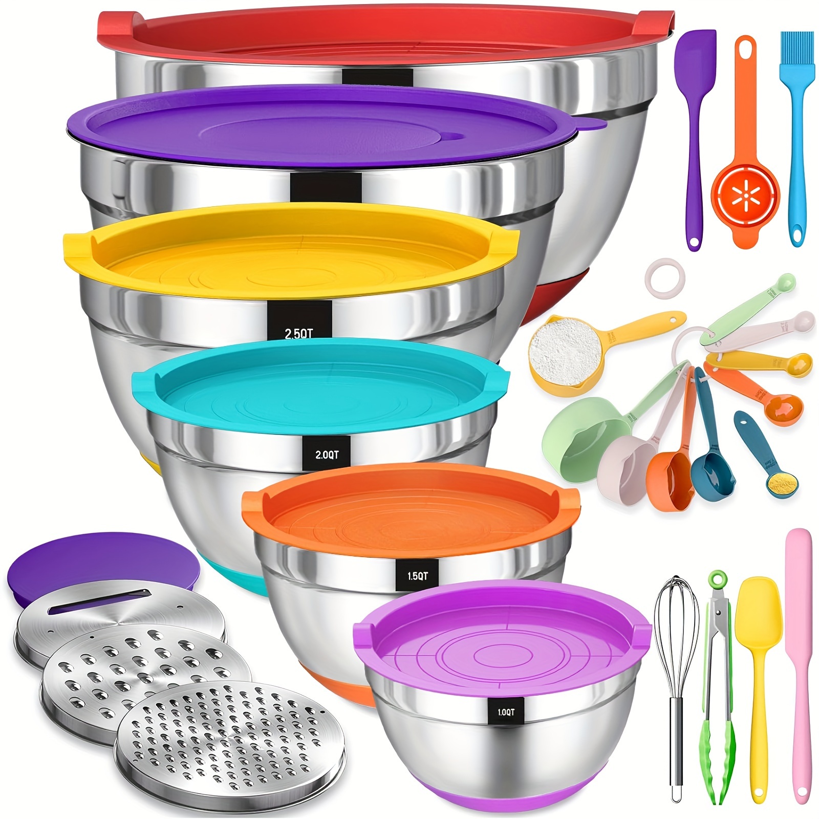 

Mixing Bowls With Airtight , 26pcs Stainless Steel Bowls Set, 3 Grater Attachments & Black Non-slip Bottoms Size 7, 4, 2.5, 2.0, 1.5, 1qt, Great For Mixing & Serving