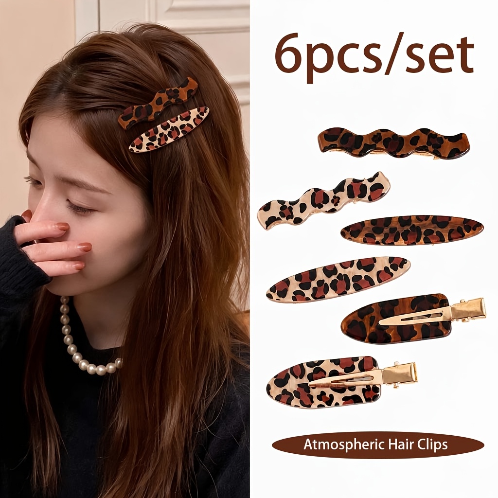 6pcs Leopard Print Oval Bangs Hair Clips Set