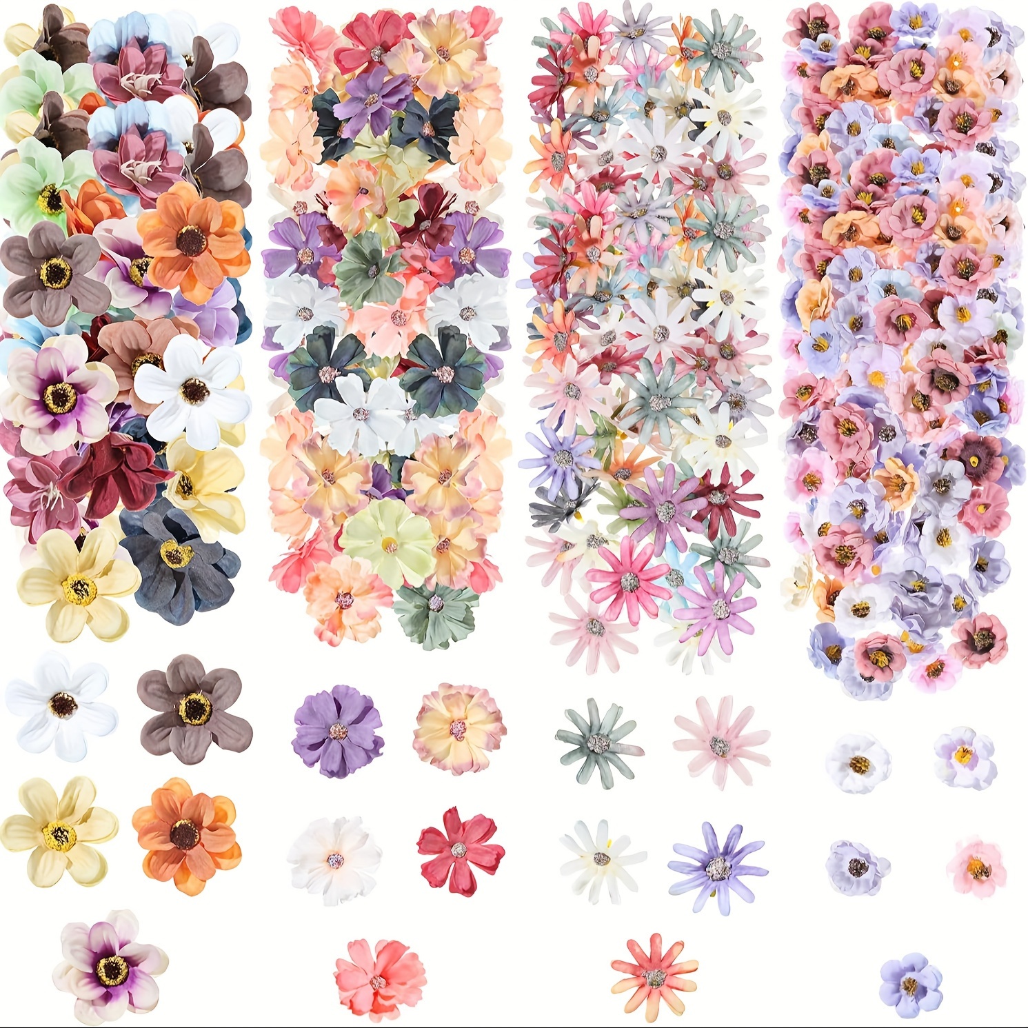 

50/100 Pieces Flower Mini Silk Heads Fake Rose Daisy Faux Flowers For Crafts Rose Flowers Plum Heads Sunflower Daisy Wedding Decoration For Halloween Home Wedding, 2-4 Cm (assorted Colors)
