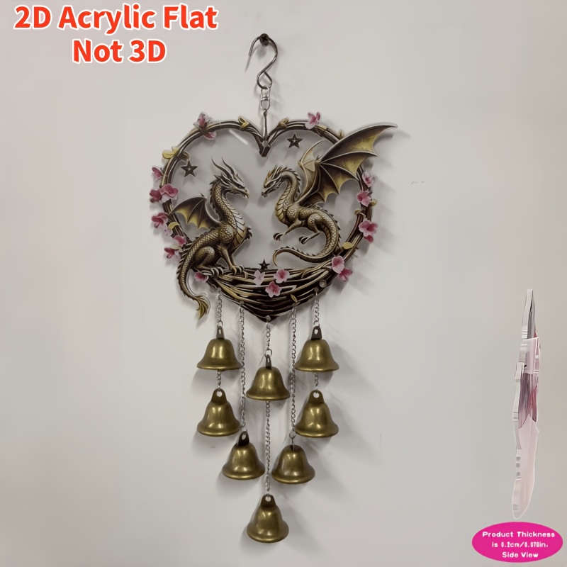 TEMU Ensemble de carillons à vent en métal vintage de cœur avec double dragon, entièrement fabriqué en doré. Comprend un crochet pivotant en métal et