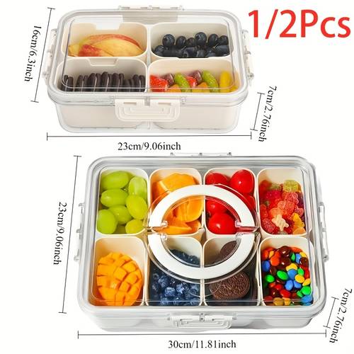 1/2 stuks 8-vakken doorzichtige snackcontainer met deksel & handvat - geschikt voor vaatwasser/magnetron. draagbare charcuterie schaal voor fruit, groenten, snoep & noten - herbruikbaar voor lunch, salades, snacks. ideaal voor reizen, kamperen, picknicks & maaltijdvoorbereiding