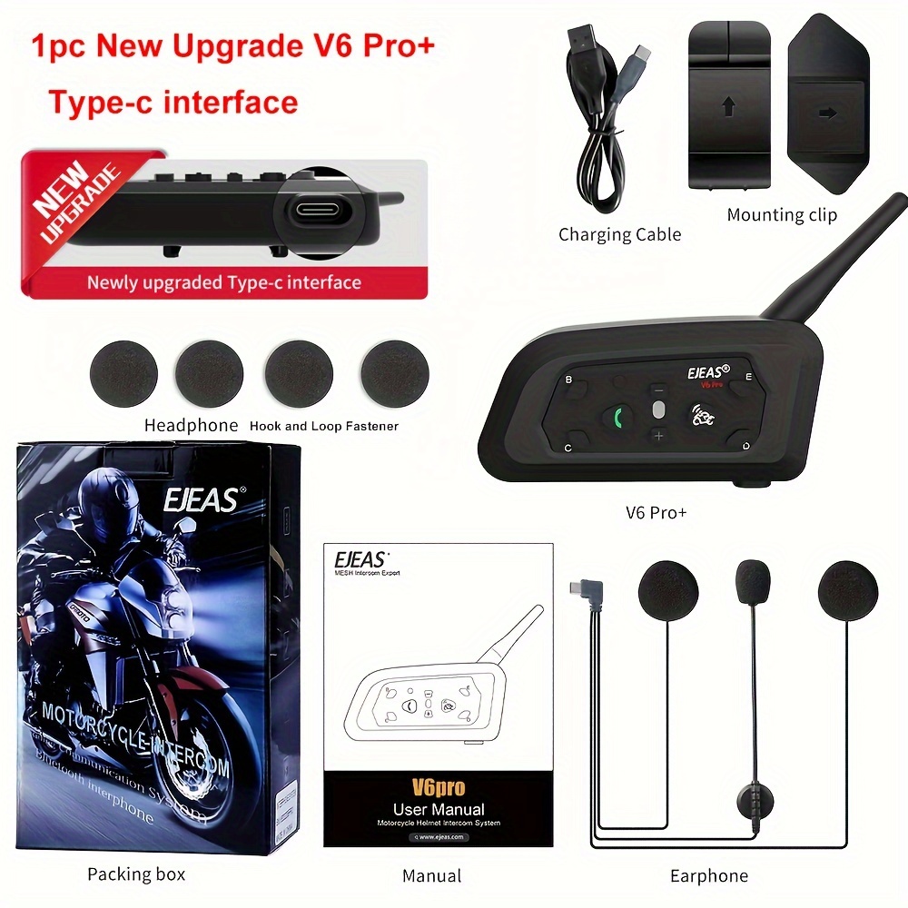 EJEAS V6 PRO 850mAh Bluetooth Motorcycle Intercom Helmet Headset Waterproof  6 Riders 1200m Motorbike Communicator Ear Interphone