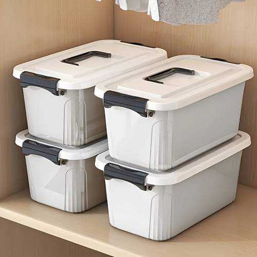 item picture 4pcs heavy duty stackable storage boxes with locking lids handles clear lid closure space saving organizer bins for home office bathroom closet garage heavy duty plastic construction stackable design for easy organization storage organizer versatile organizers contemporary design durable plastic sturdy construction home organizers