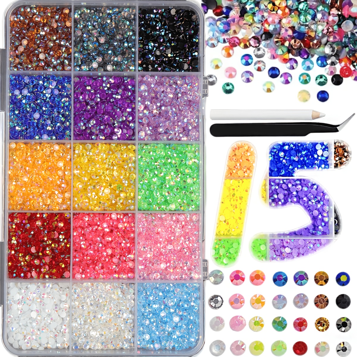 TEMU Boîte de 1 Lot de 15 Compartiments de Strass AB à Dos Plat avec Outils & 15 Multicolores, Adaptés pour Nail Art, Décoration de Gobelets,