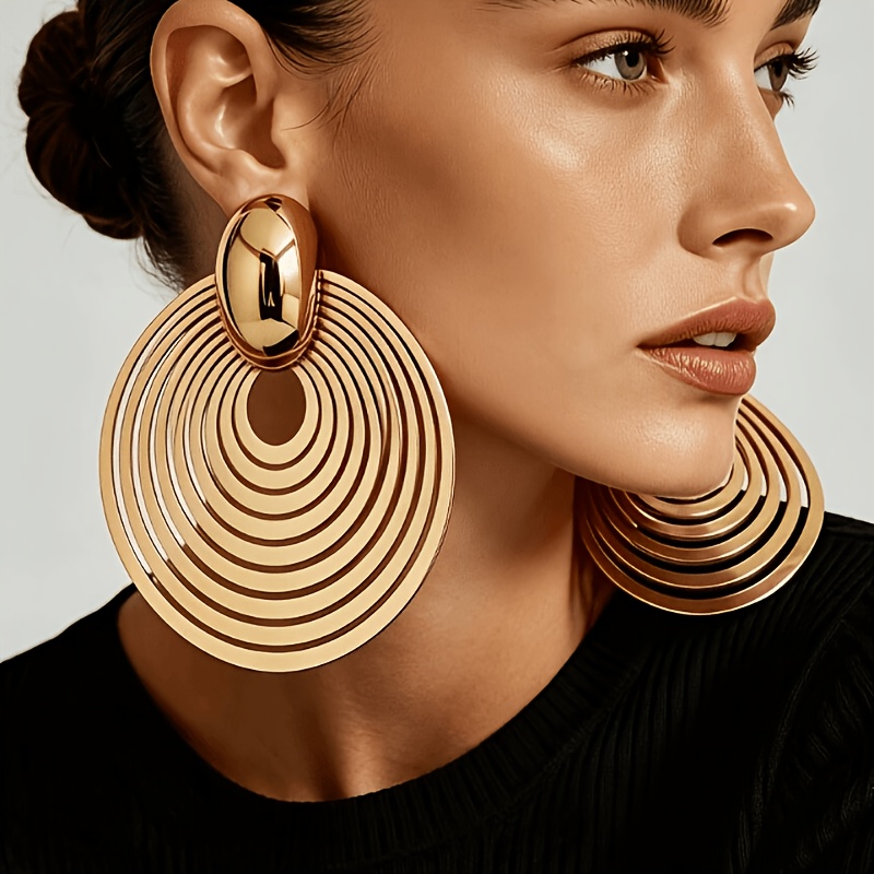 TEMU 1 Pair European & Style Polished Metal Oversized Round Hollow Long Drop Earrings For Women, Exaggerated Heavy-duty For Party And Vacation