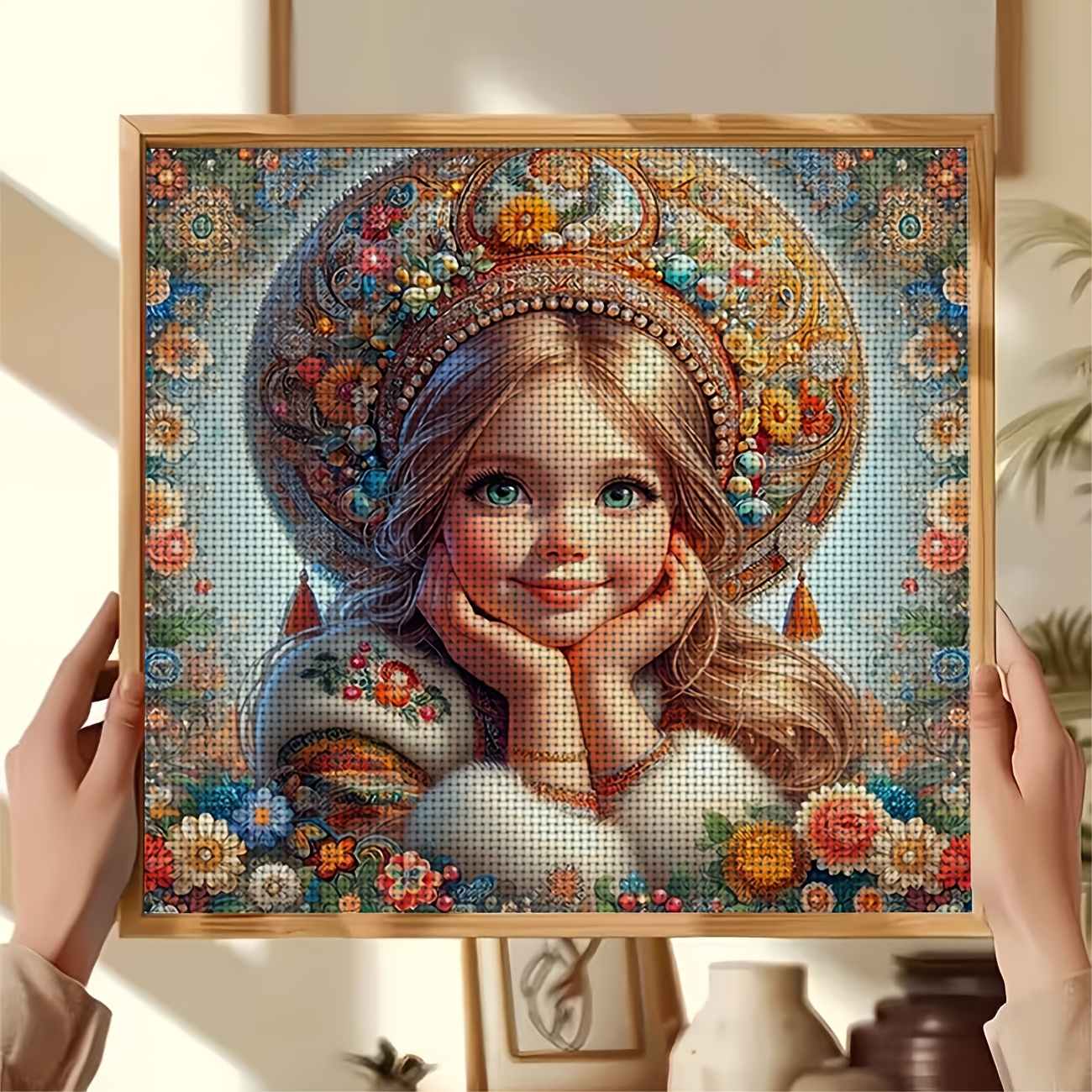 Frameless Cross-Stitch Printed Kit Featuring Blonde with Flower Adornment