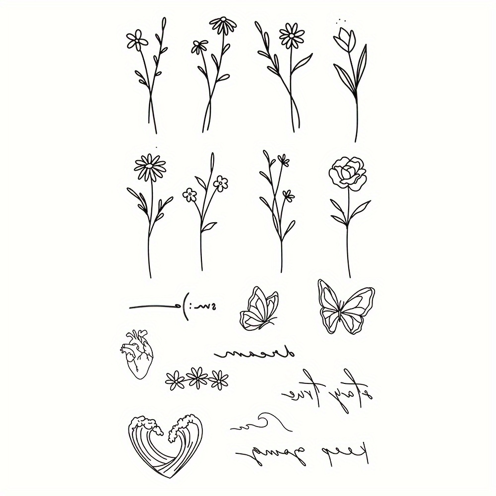 Small Flower Branches Cute Pattern Waterproof Temporary Tattoo Sticker Love Wave Heart Text Body Art Arm Fake Tattoos For Women Men Neck Wrist