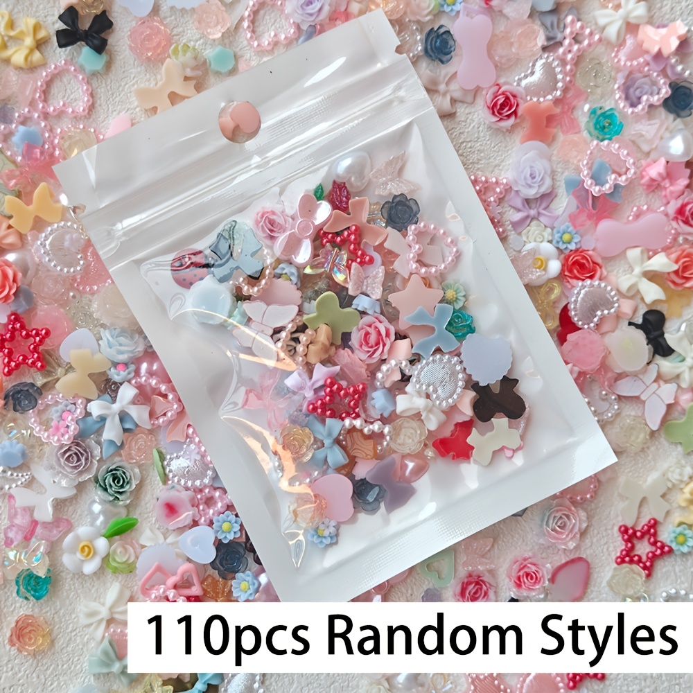 TEMU 110pcs Random Styles Cute Nail Art Charms - Heart, Moon, Star, Bow, & Flower Resin Nail Art Accessories For Nail Art Decoration, Nail Art