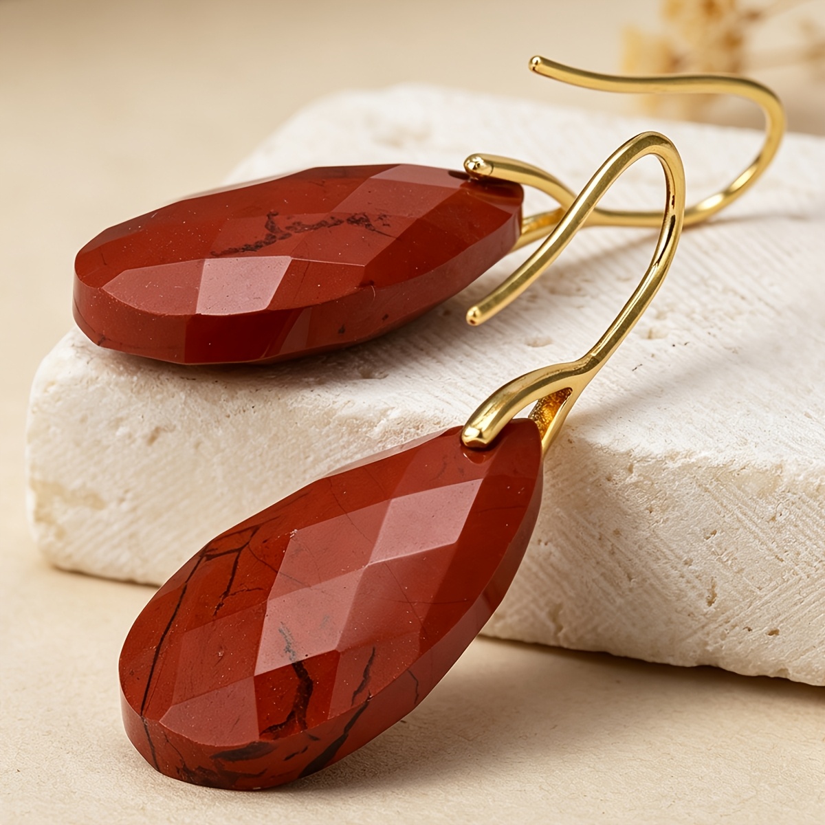 Long Teardrop Red Jasper Pendant Earrings, Vintage Bohemian Style