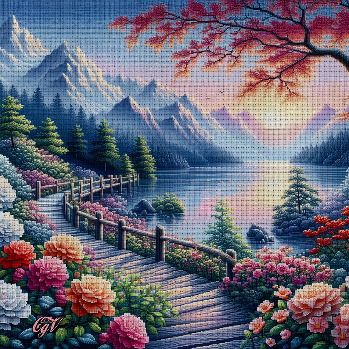 TEMU 1 Lot - Cadeau , Kit de peinture à au point de croix créatif sur le thème de la fleur et du paysage de montagne enneigée, Loisir créatif de