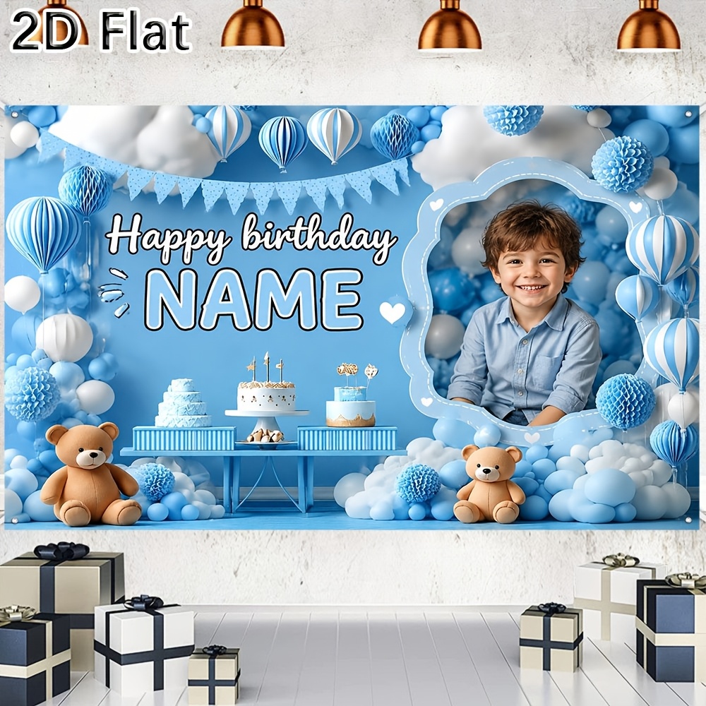 TEMU 2d Flat, 1pc 2d Flat Personalized Custom Birthday Backdrop Banner For Boys With Custom Name Photo Blue Balloon Teddy Bear Pattern, 2d Flat