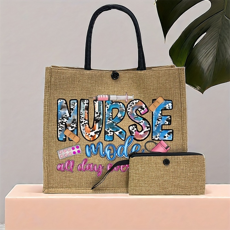 

2pcs/set Fashion Nurse Print Tote Bag, Large Capacity Burlap Bag, Women's Casual Handbag & Purse For Beach Travel Shopping