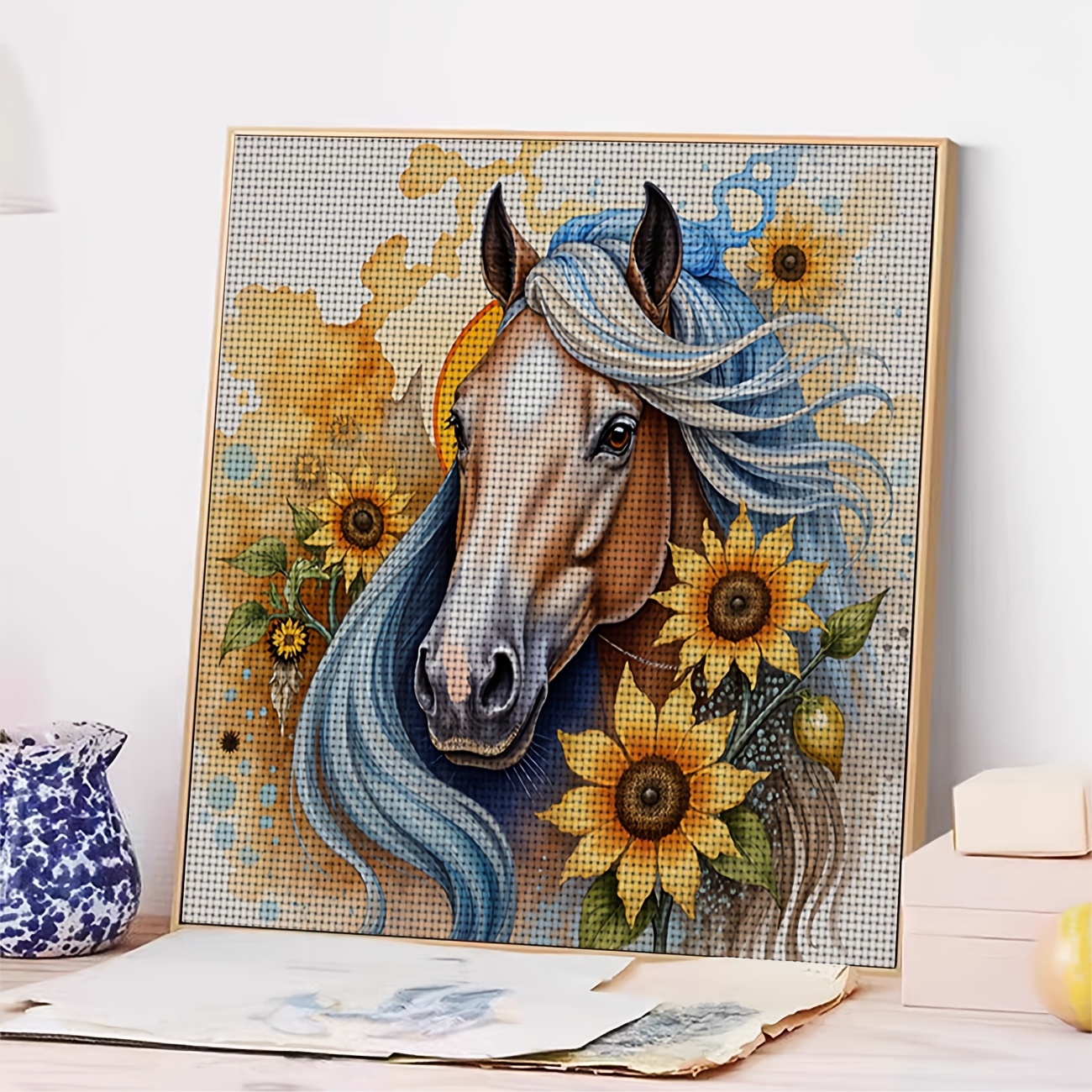 DIY Cross-Stitch Printed Kit, Unframed Blue Mane Horse & Sunflower Design