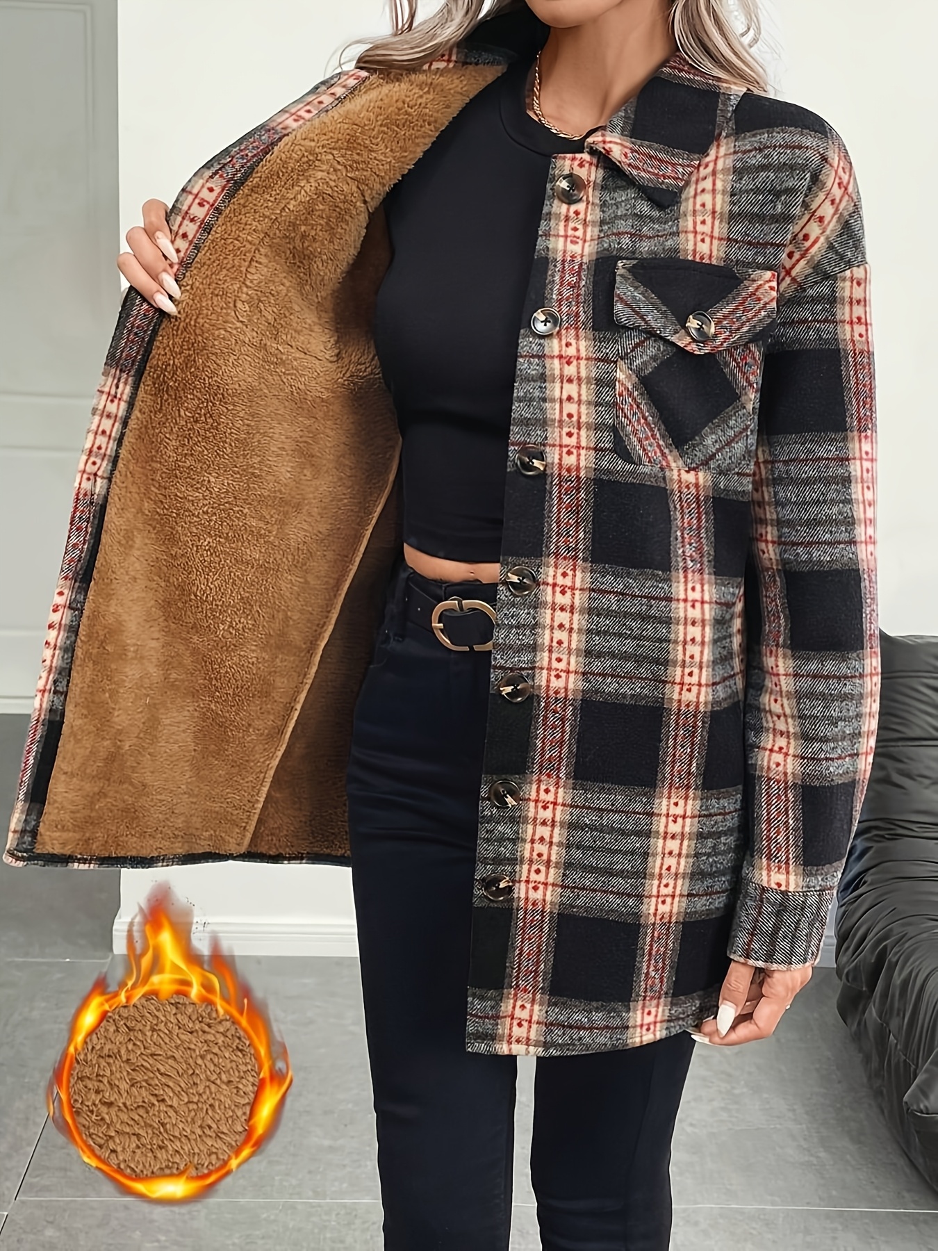 Chaqueta gruesa para mujeres, con patrón a cuadros en colores café/negro/rojo, cierre frontal con botones, cuello parado, no elástica, formal y para uso cotidiano, protección elégante del frío, estilo del Medio Oriente, botones durables